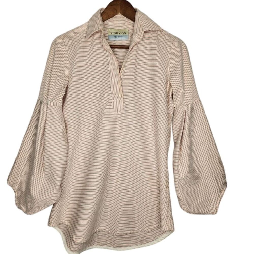 Tish Cox balloon bottom sleeve v neck tunic‎ top XS Pink, Gray, White Stripe